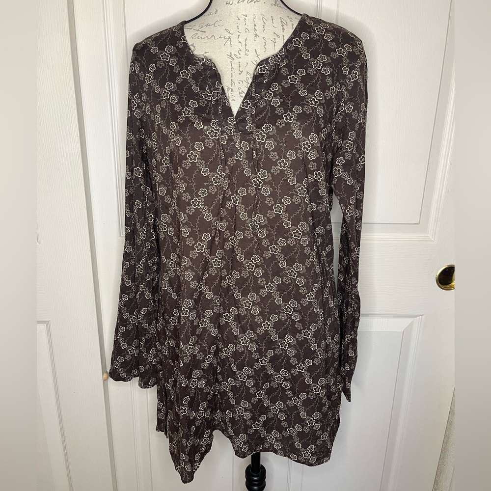 Athleta Brown Floral Tunic V-neck Cotton Large Boho EUC